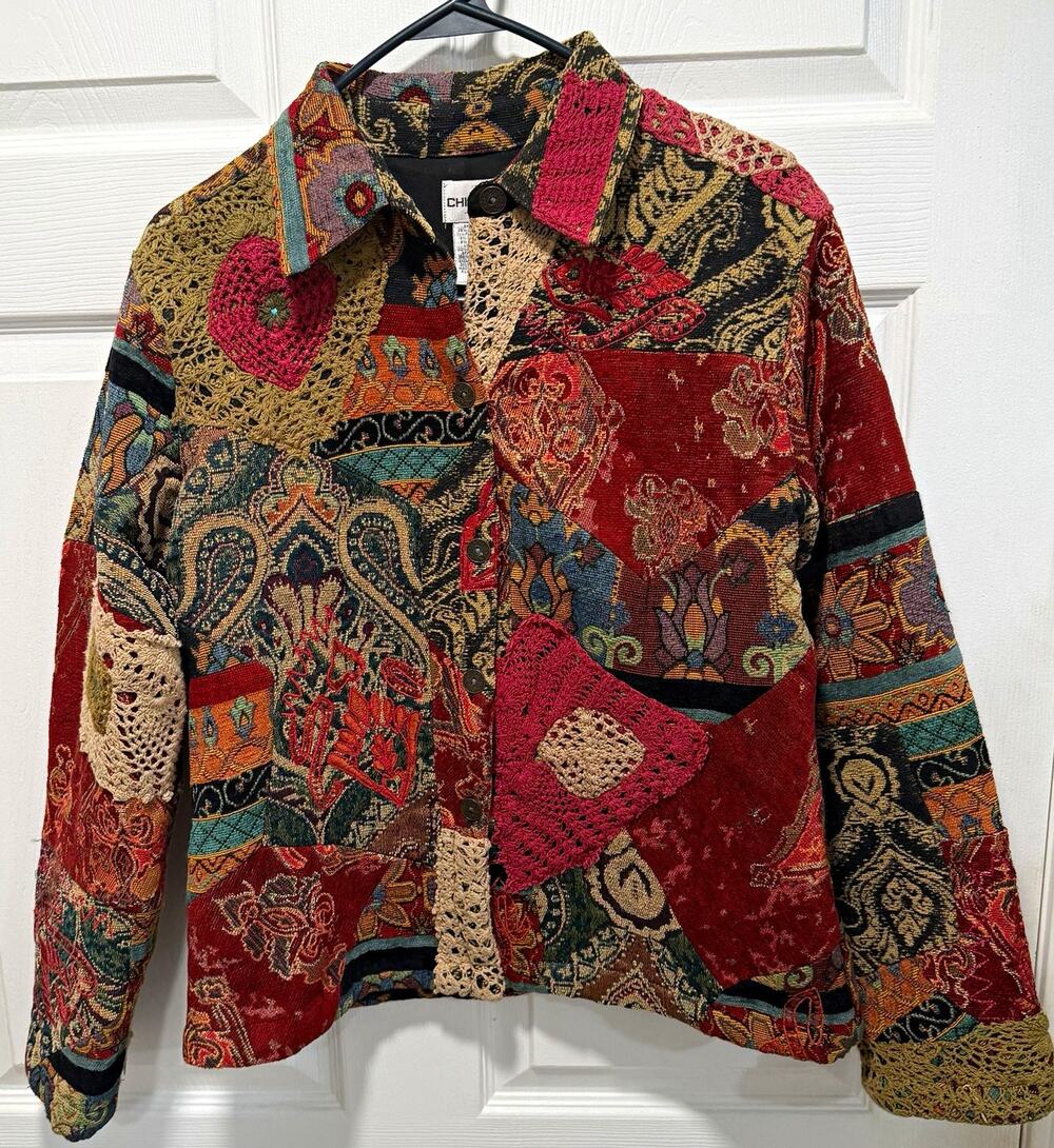 Chico's Multicolor Patchwork Tapestry Crochet Lined Jacket Womens M Button